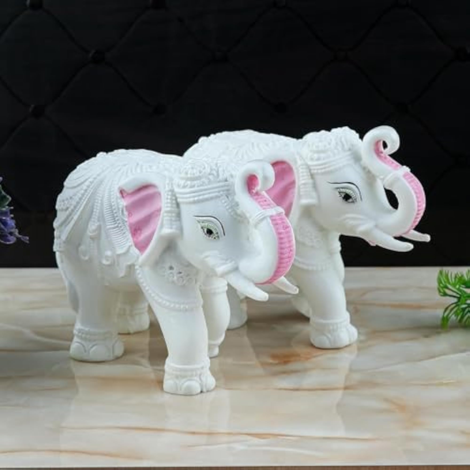 Pack of 2 White Elephant Showpieces, Marble Resin Elephant Statues