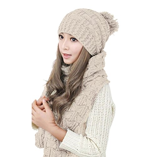 TININNA Gorras con Bufanda Mujer Invierno, Cálido Moda Sombreros Beanie Scarf Set de Punto para Mujer Chicas-Beige