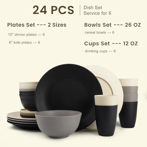 Image of Homienly Wheat Straw Plates and Bowls Set, Lightweight & Unbreakable Dinnerware Set for Kitchen, Parties, Holidays, Microwave and Dishwasher Safe Dish Set - Plate Sets, Bowls, Cups, 24pcs (Grey Stone)