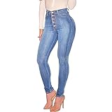 FISCLOSIN Womens High Waist Stretch Jeans 5 Button Push Up Butt Lifting Skinny Colombian Jeans (Medium, Light Blue)