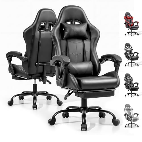 Image of Gaming Chair, Ergonomic Computer Chair with Footrest and Lumbar Support, Height Adjustable Office Chair with 360 Swivel Seat and Headrest (Black)