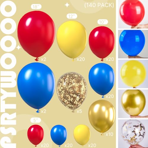 Image of PartyWoo Red Yellow Blue Balloons, 140 pcs Blue Red and Yellow Balloons Different Sizes Pack of 18 Inch 12 Inch 10 Inch 5 Inch for Balloon Garland or Arch as Dog Party Decorations, Party Decorations