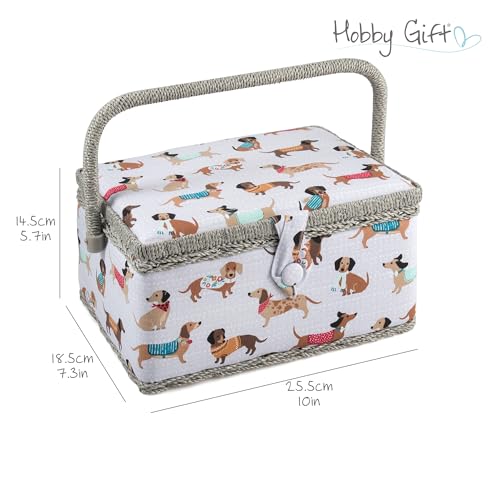 Hobby Gift Exklusive vorgefüllte Nähbox, Bastel-Aufbewahrungsbox mit 94-teiligem Nähset inklusive, 18,5 x 25,5 x 14,5 cm, Dackel
