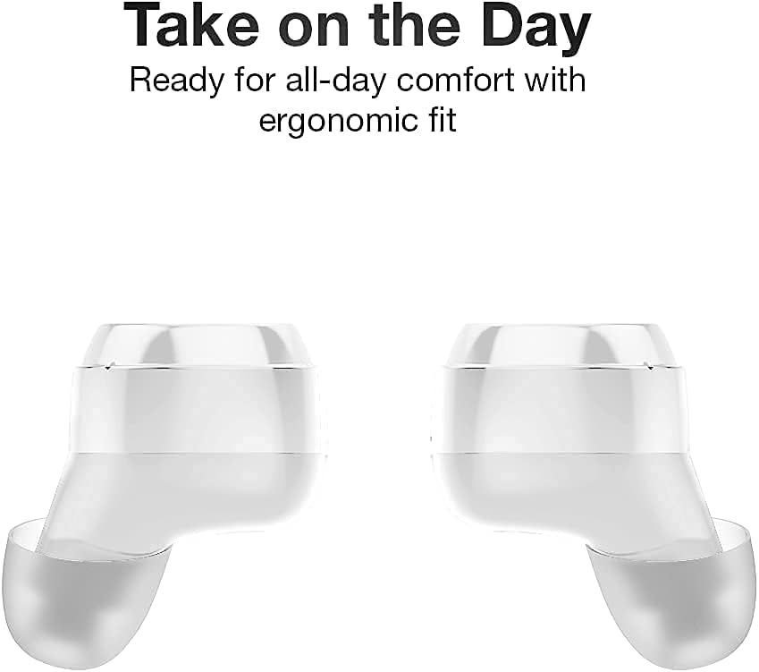 Two QUIKCELL QAIR MAX earbuds showing their ergonomic design.
