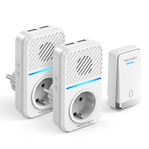 TECKNET Sonnette sans Fil Kit, 400M Sonnette de Porte sans Fil Auto-alimentée avec 2 Récepteurs,...