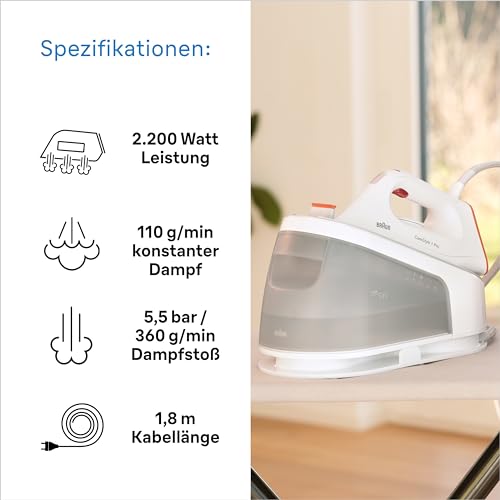 Braun CareStyle 1 Pro IS 1511 WH, Dampfbügelstation - Dampfbügeleisen mit FreeGlide 3D-Technologie, Vertikaldampf, Anti-Tropf-Funktion, 1,7 l Wassertank, 5,5 bar, 360 g/min, 2200 W, Weiß/Orange