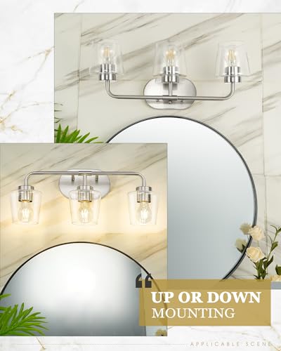 Image of 3-Light Bathroom Light Fixtures Over Mirror, Brushed Nickel | Vanity Lights for Bathroom with Clear Glass, Modern Vanity Lighting Fixtures, AD-22004-3W-SN-C