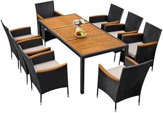 Greesum 9 Pieces Outdoor Patio Dining Set, Conversation Sets with 1 Table and 8 Rattan Chairs with Curved Acacia Wooden Armrests and Cushions, Black