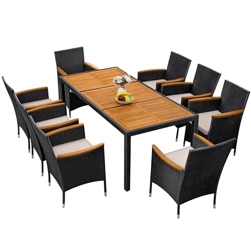 Greesum 9 Pieces Outdoor Patio Dining Set, Conversation Sets with 1 Table and 8 Rattan Chairs with Curved Acacia Wooden Armrests and Cushions, Black