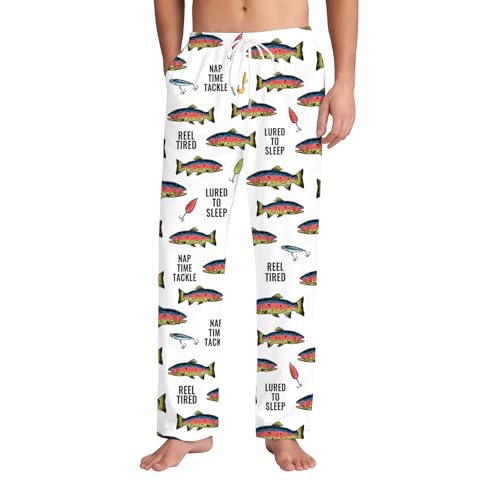 KOYI Funny Fishing Lover Pajama Pants, Cozy Fish Print Lounge Pants, Funny Unisex Sleepwear for Men and Women, Great Gift for Anglers and Fishermen,Large