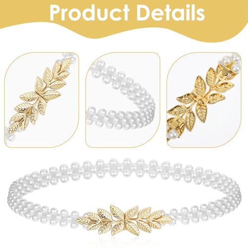 Pearl Elastic Chain Belt, Pearl Stretchy Waist Belt Gold Leaf Waistband for Women Girl Dress Skirt Jeans3