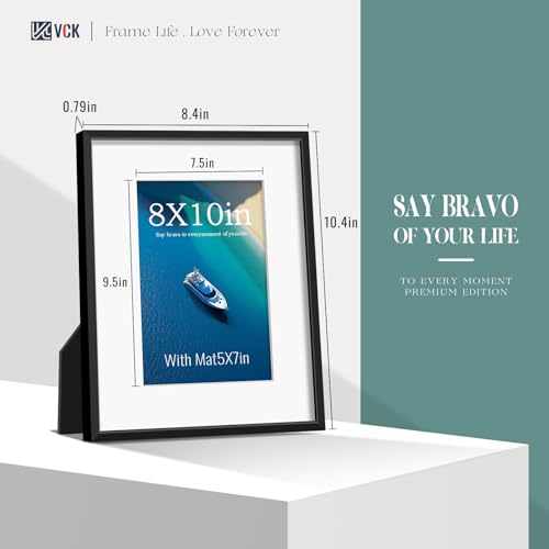 Image of VCK 8x10 Picture Frame Black Metal, Real Glass, 5x7 Mat, Set of 6, for Arts