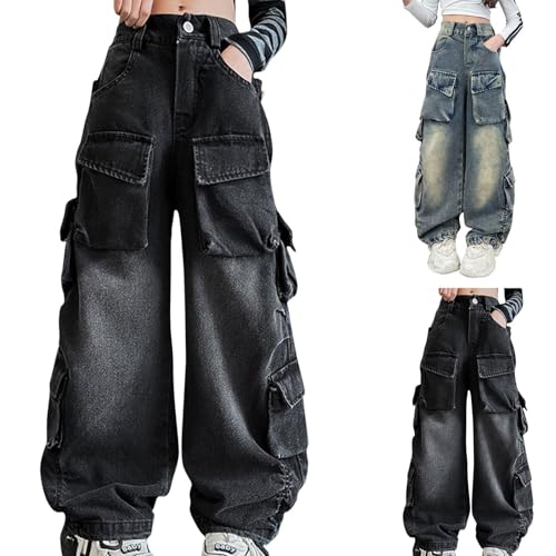Girls Teens Denim Cargo Pants High Waist Floor Length Streetwear Y2k Baggy Wide Leg Jeans with 5 Pockets4