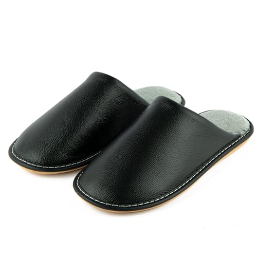 Unisex House Slippers, Genuine Leather Solid Color Minimalist Indoor Slippers, Soft Warm Flannel Lining, Lightweight Comfortable Flexible Anti-Slip Rubber Sole2