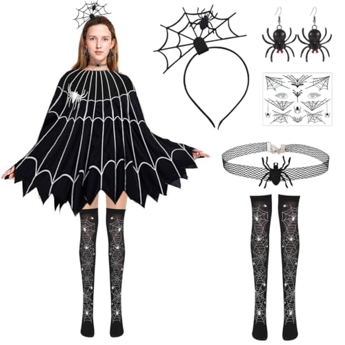 Halloween Kostüm Damen Spinnennetz Poncho, Damen Halloween Kleid Spinne Cosplay Kostüm, Halloween spinnen Kostüm Set mit halloween haarreif, Spinnen strumpfhose, Spinnen Tattoos, Spinne Ohrringe