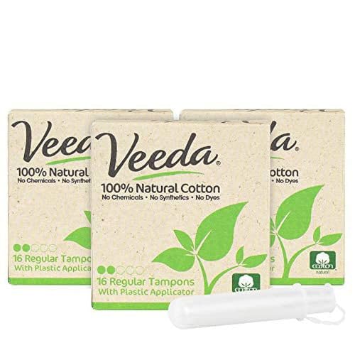 Image of Veeda 100% Natural Cotton Tampons - Regular Absorbency with Leak Proof Protection - Compact BPA-Free Applicator - Unscented & Free from Chlorine, Toxin - 96 Count