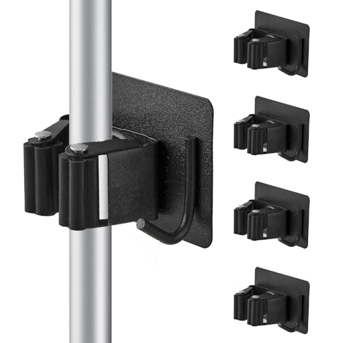 Cokshy Besenhalterung Wand, 4 Stück Edelstahl Besenhalter mit Haken Selbstklebend, Mop Halterung ohne Bohren GeräTehalter für KüChe, Wischmopp, Badezimmer, Garten, Schaufel, Werkzeuge (Schwarz)