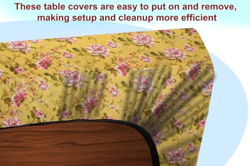 Image of The Furnishing Tree Elastic Cotton Rectangular Center Table Cover 24x48 in Inches Floral Pink Rose on Yellow Base