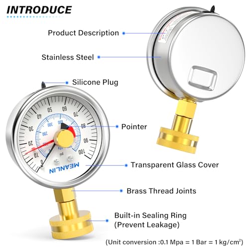 Image of MEANLIN MEASURE Stainless Steel 0~100Psi 3 /4 inch Female Water Pressure Test Gauge, 2.5 inch FACE DIAL with Red Indicator Hands, Dry Hydraulic Tester Suitable for Gardens, Water Pipes