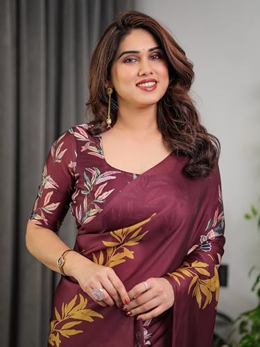 Image of ALMAARI FASHION Satin Georgette Floral Printed Saree with Blouse, 5.5 Meter Saree with 0.8 Meter Blouse, Traditional (SG 116 H)