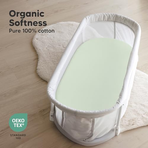 Image of 2-Pack Organic Bassinet Sheets for Girls, Boys - 100% Cotton Bassinet Mattress Sheets Compatible with Halo Bassinest Swivel Sleeper, Graco, Baby Delight, Chicco, Unisex Fitted Bassinet Sheets (Sage)