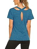 Women's Short Sleeve Yoga Tops Activewear Running Workouts T-Shirt Cross Back Sports Shirts Women Yoga Shirt S-XXL (Blue, X-Large)