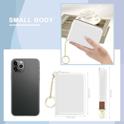 Image of Aiawoxc Credit Card Holder, Small RFID Wallet Slim Leather Card Organizer Case with Zipper and Wristlet Strap, White