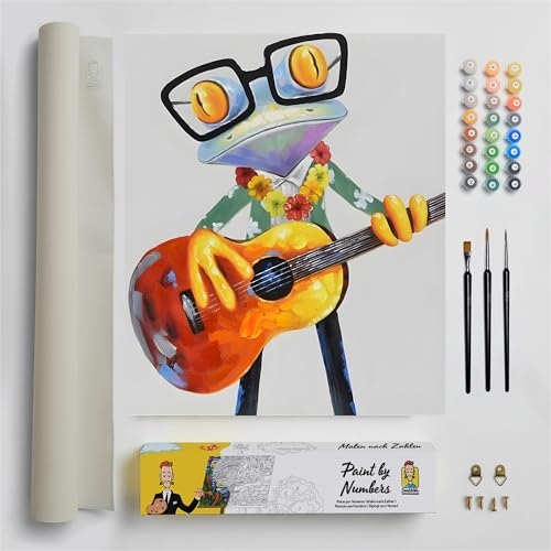 DonElton Pintar por Números para adultos Animales   40x50 cm Kits de pintura con Pinceles, colores acrílicos y lienzo de lino, Sin marco   Regalo creativo (Rana con Gafas)