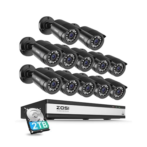 ZOSI 1080P 16CH Überwachungskamera Set Aussen, Personen- und Fahrzeugerkennung, H.265+ DVR Rekorder mit 2TB Festplatte, 12er CCTV 2MP Bullet Kameras für Haus- und Geschäftsüberwachung, IR Na