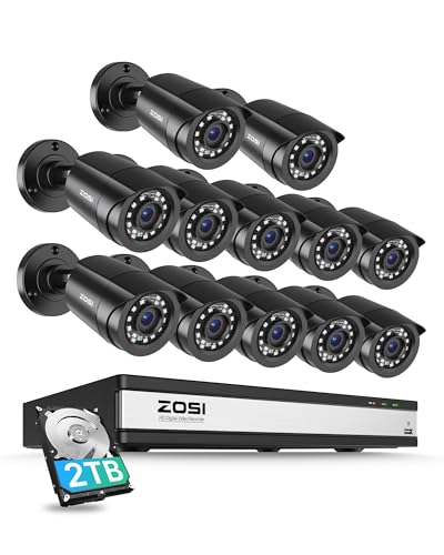 ZOSI Sistema de Cámara de Vigilancia 12pcs 1080P Cámara de Seguridad Exterior con 16CH H.265+ Grabadora DVR, Visión Nocturna IR, Detección de Movimiento, 2TB Disco Duro