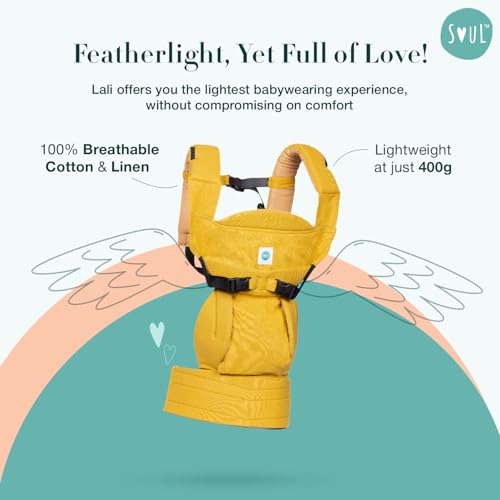 Image of SOULSLINGS 4-in-1 Lali Baby Carrier Bag - Mustard - Cotton | Compact & Lightweight (400g) | Adjustable for 0-24 Months (4-15kg) | Machine Washable & Handwashable | Breastfeeding Friendly