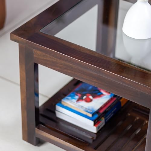 Image of Solid Sheesham Wood Coffee Table with Glass Top & Storage Shelf | Premium Wooden Teapoy | Modern Center Table for Living Room | Wooden Tea Table (Walnut Finish)