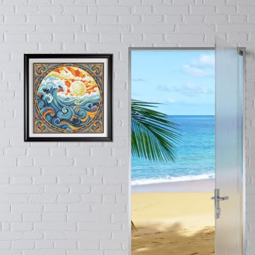 Image of FREEBLOSS 11CT Stamped Cross Stitch Kits Sunrise&Waves Cross Stitch Wall Hanging Kit Complete Embroidery Kits with Instruction for Needlepoint Adults Wall Art Decoration 18 * 18in /45 * 45cm