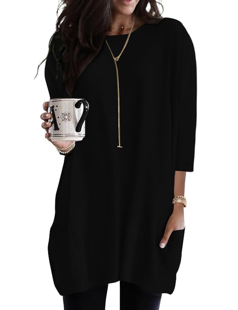 Damen Tunika Kurzarm / 3/4 Ärmel Longshirt mit Taschen Rundhals Tops S-3XL