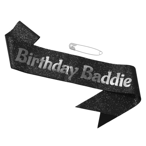 Fascia Birthday Baddie, Fascia Compleanno in Tessuto Glitter Morbido con Spilla da Balia per Donne Uomini Decorazioni Festa (Nero & Argento)