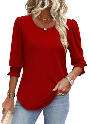 Image of XIEERDUO Blouses for Women Dressy Casual 3 /4 Length Sleeve Womens Tops with Smocked Cuffs