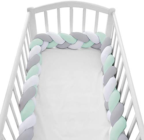 Wonder Space Baby Crib Bumper - Handmade Knotted Braided Plush with Premium Soft Pure Cotton Materials - Ideals for Nursery Beddings Newborn Gift & Cradle Cushion Decor, 13.1 Feet (Green/Grey/White)