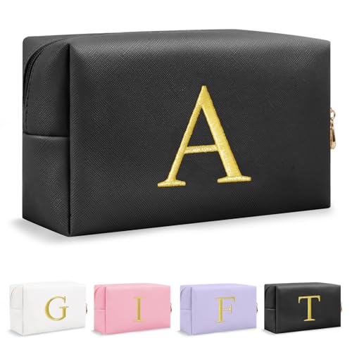 Personalized Gift Initial Makeup Bag,Preppy Gold Embroidered Letter Cosmetic Bag Stocking Stuffers for Teen Girls,Small Travel Toiletry Bag,Custom Christmas Birthday Gift for Women Mom Kids(Black-A)