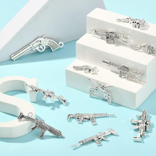 Stiesy 60Pcs 12 Styles Antique Silver Gun Charms - Vintage Pistol, Rifle, Tibetan Submachine Gun for DIY Crafts Jewelry Making - Image 3