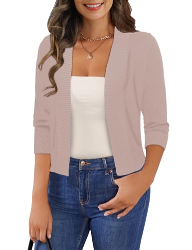 GoMamee Women's 3/4 Sleeve Cropped Cardigans Sweaters Elegant Short Shrugs for Dresses, Light Pink M