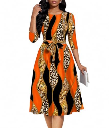 Image of Casual Dresses for Women Midi Church A-Line Fit and Flare Dress Crewneck 3 /4 Sleeve Party Dress