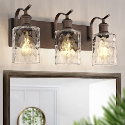 Image of Bathroom Vanity Light Fixtures Over Mirror 3-Light Hammered Glass Wall Mounted Modern Oil Rubbed Bronze - VL01ORBH-3