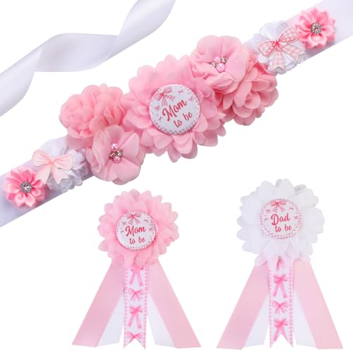 Image of Pink Bow Gender Reveal Maternity Sash Kit, Pink Baby Shower Belly Belt and Mom to Be Dad to Be Corsage Pins, New Parent Pregnancy Announcement Photo Props Party Supplies