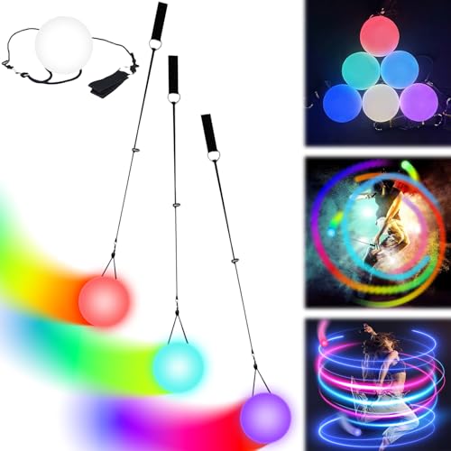 Juego de 3 bolas LED Poi Ball LED Glow Poi con colores del arco iris y efecto estroboscópico, LEDPOI pelotas de malabares con doble bucle ajustable, juguetes para principiantes y profesionales
