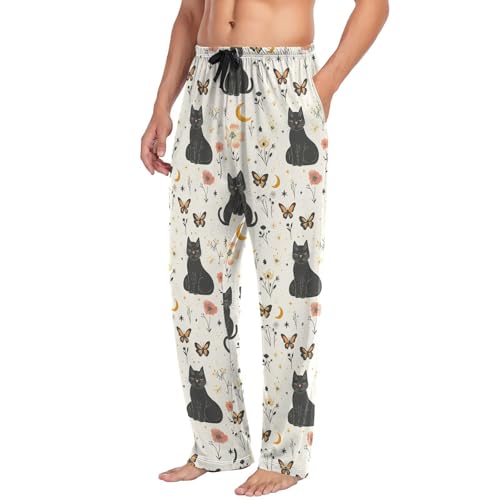 Mens Pajama Pants Black Cats Flowers Moon Butterflies Soft Lounge Sleep Pj Bottoms with Drawstring Pockets4