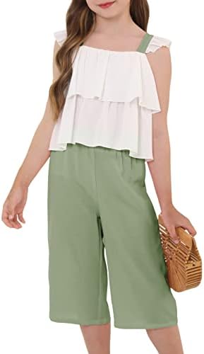 blibean Girl Summer Clothes Set Elegant Tween Kids Strap Sleeve Tops Ruffled Clothing Solid Pants Outfits Size 9-10 XX-Large Green