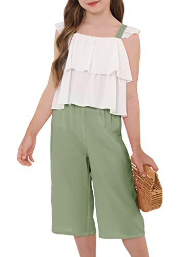 Blibean Girl Summer Clothes Set Elegant Tween Kids Strap Sleeve Tops Ruffled Clothing Solid Pants Outfits Size 9-10 Xx-Large Green #TOP3