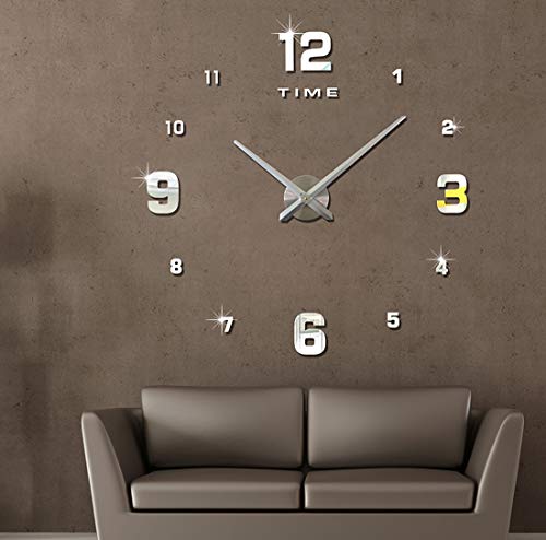Topkey DIY Reloj de Pared 3D Grande Silencioso sin Marco Espejo Sticker para Hogar Habitación - Plata