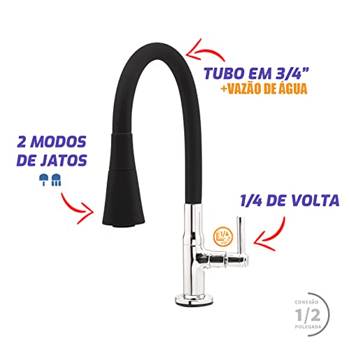 Torneira Para Cozinha Bancada Flexível tubo Preto Conic 2 Jatos 3069 C29