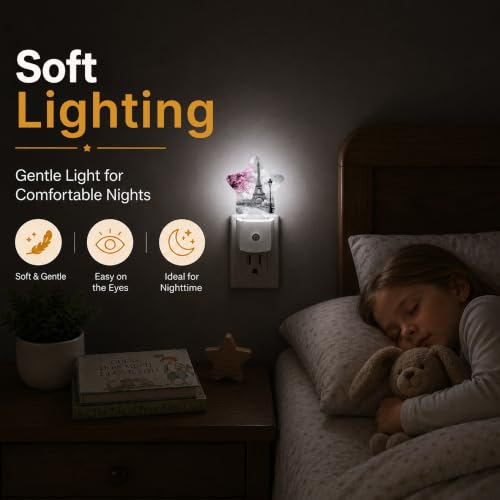 Image of Star Night Light Plug in, Eiffel Tower Dusk to Dawn Sensor Night Light, Soft Glow Lamp for Kids Bedroom Nursery Hallway Bathroom, Energy Saving Compact Design